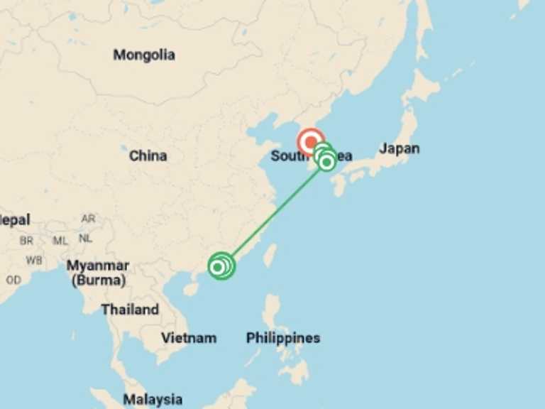Map itinerary of Asia Tour in August 2026 with 5 destination visits for the trip: Macau, Hong Kong, and Korea