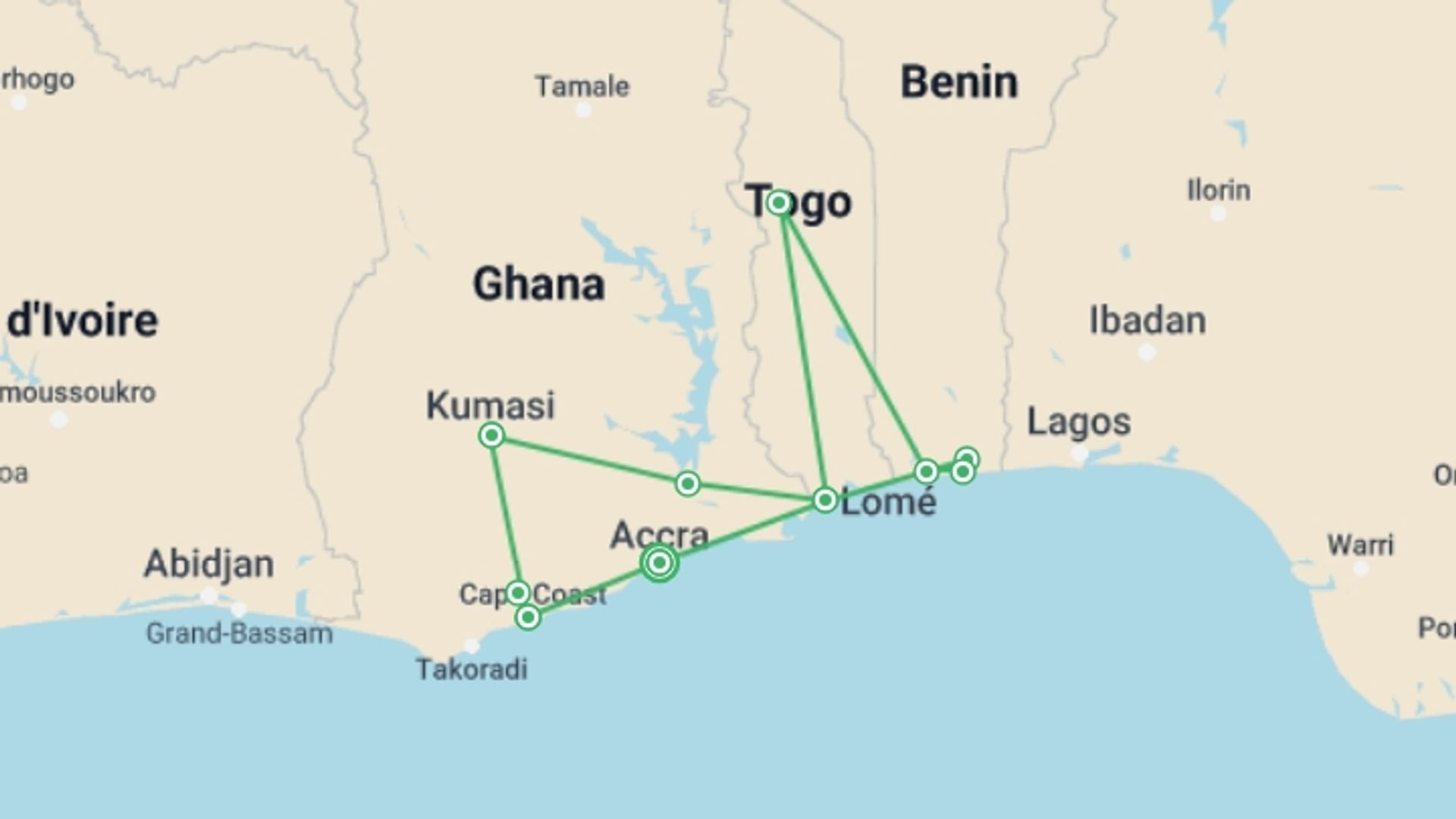 A map showing the tour itinerary for the trip: Ghana Togo and Benin Heritage and Cultural Tour, starting in Accra, Ghana and ending in Accra, Ghana going through 6 other destinations.