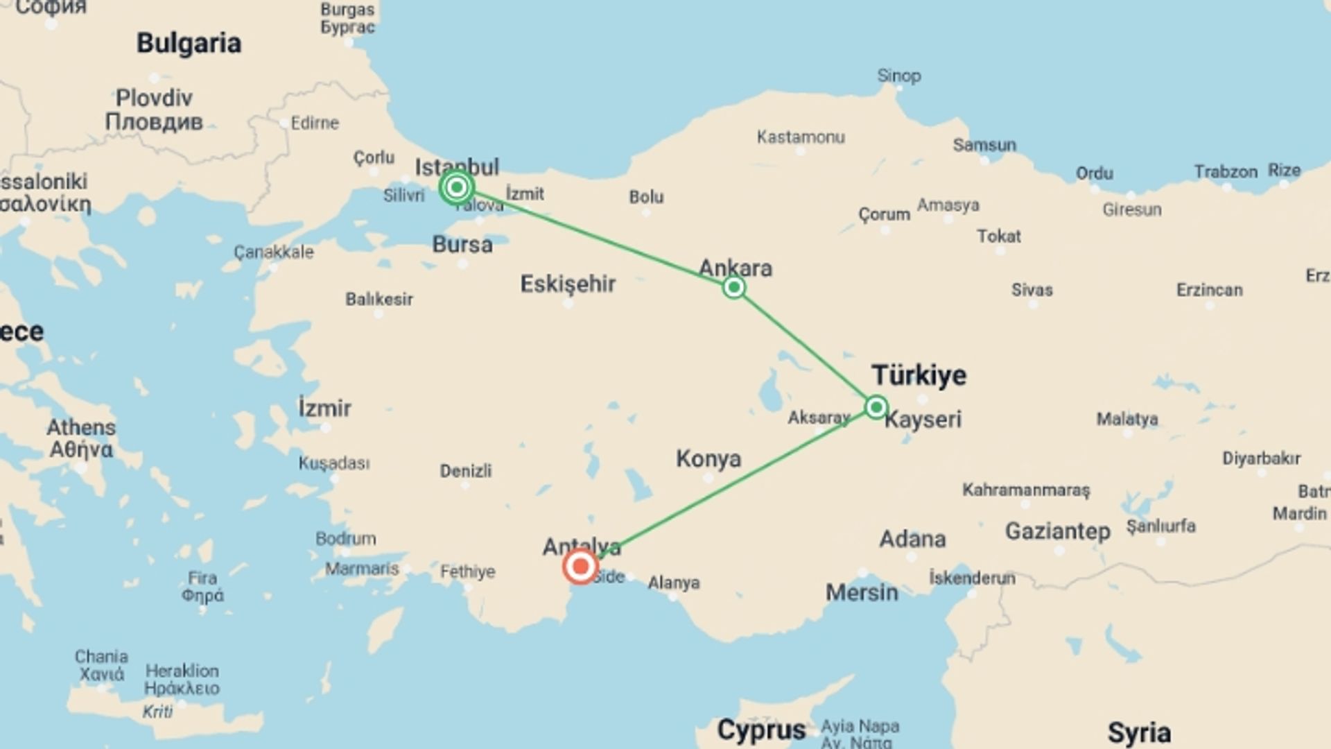A map showing the tour itinerary for the trip: Turkey:  Cave Churches & Fairy Chimneys, starting in Istanbul, Turkey and ending in Antalya, Turkey going through 3 other destinations.