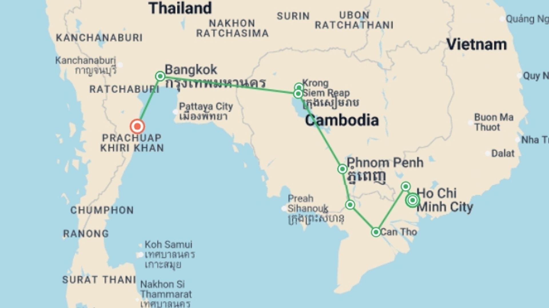 A map showing the tour itinerary for the trip: Family Vietnam, Cambodia & Thailand Journey, starting in Ho Chi Minh City, Vietnam and ending in Hua Hin, Thailand going through 7 other destinations.