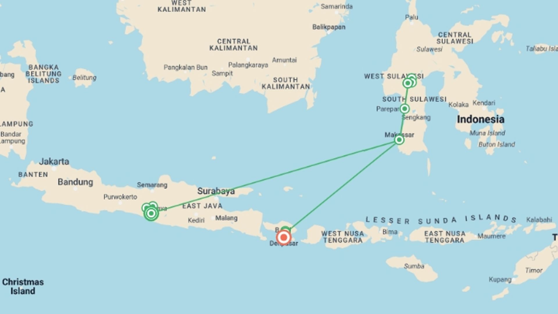 A map showing the tour itinerary for the trip: The Best Of Three Islands, Private Tour, starting in Yogyakarta, Indonesia and ending in Denpasar, Indonesia going through 3 other destinations.