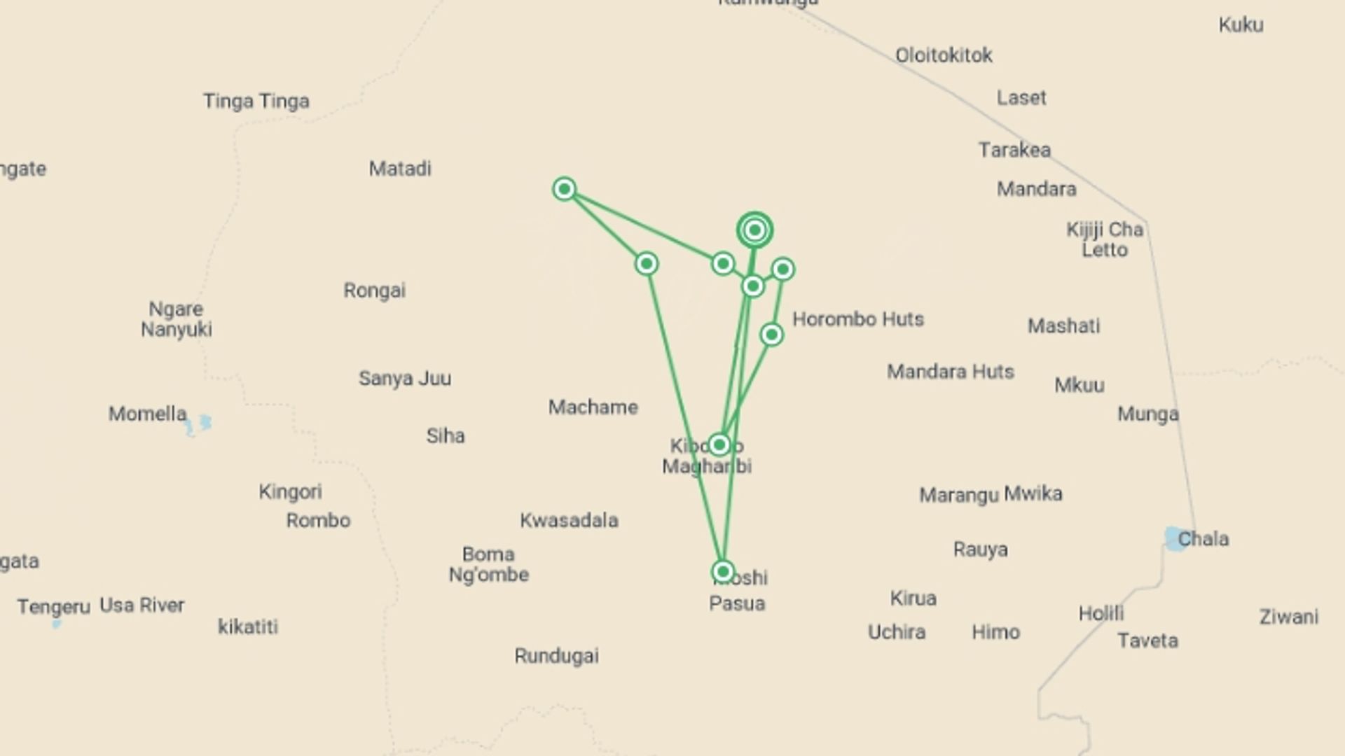 A map showing the tour itinerary for the trip: Kilimanjaro Trek – Machame Route in 9 days, starting in Kilimanjaro, Tanzania and ending in Kilimanjaro, Tanzania going through 10 other destinations.