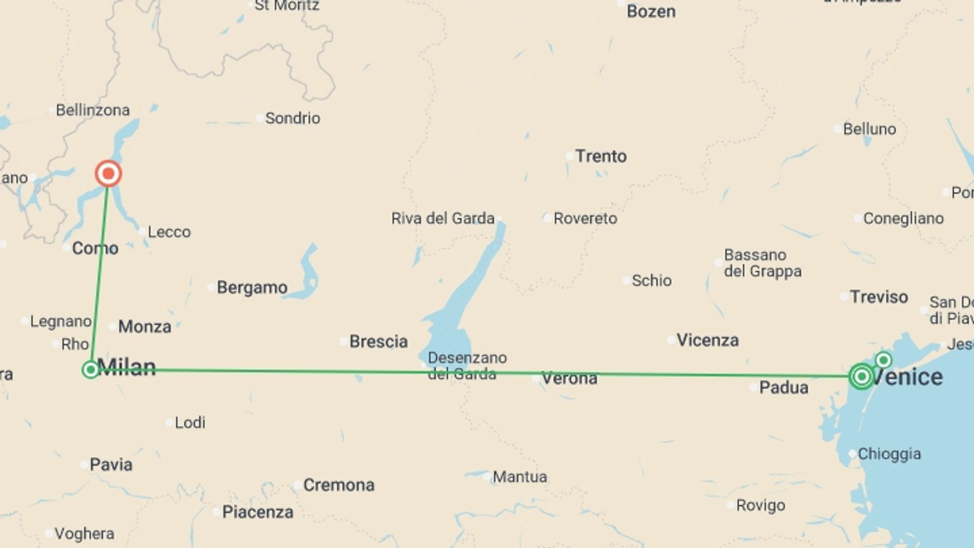 A map showing the tour itinerary for the trip: Venetian Treasures & Milan and Lake Como (port-to-port cruise), starting in Venice, Italy and ending in Lake Como, Italy going through 2 other destinations.