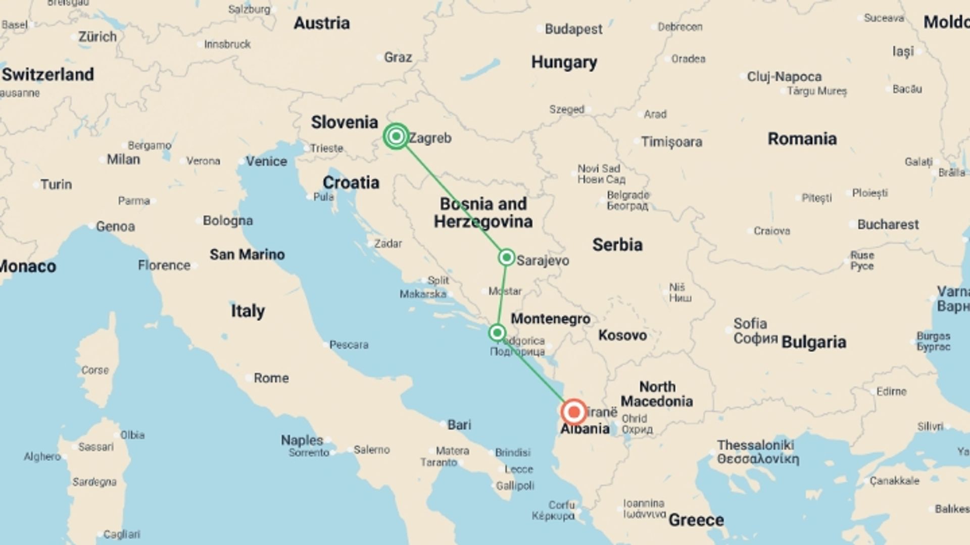 A map showing the tour itinerary for the trip: Balkan Dreams end Albania, starting in Zagreb, Croatia and ending in Tirana, Albania going through 2 other destinations.