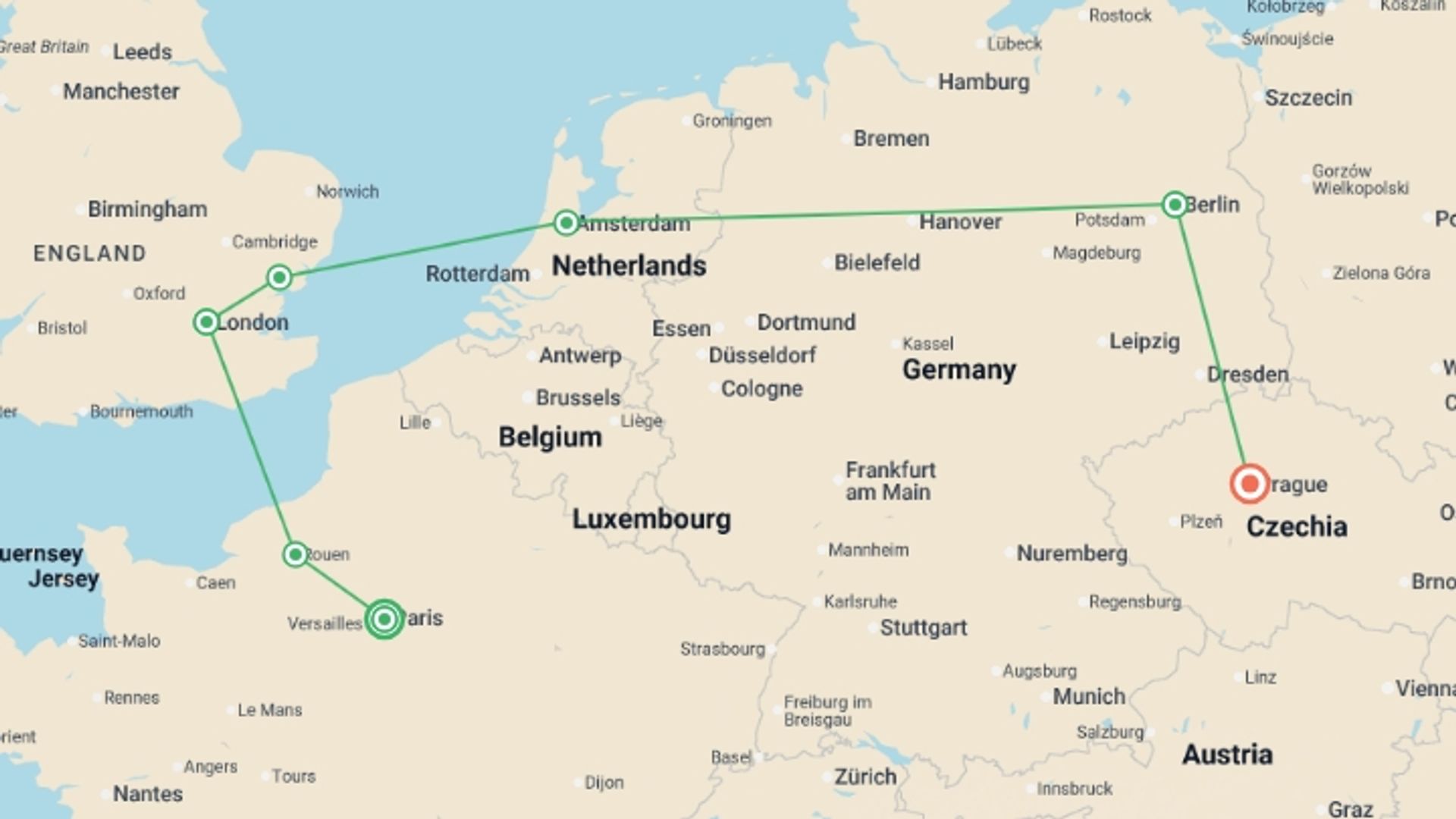 A map showing the tour itinerary for the trip: Continental Fairytale GO, starting in Paris, France and ending in Prague, Czech Republic going through 5 other destinations.