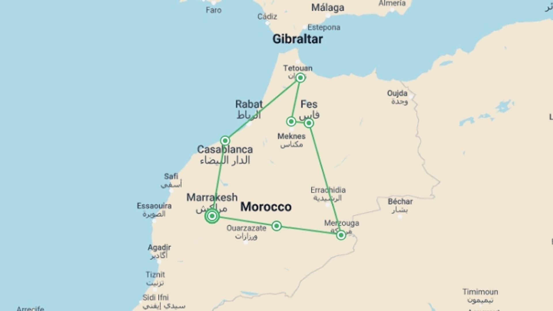 A map showing the tour itinerary for the trip: Morocco Highlights, starting in Marrakech, Morocco and ending in Marrakech, Morocco going through 5 other destinations.