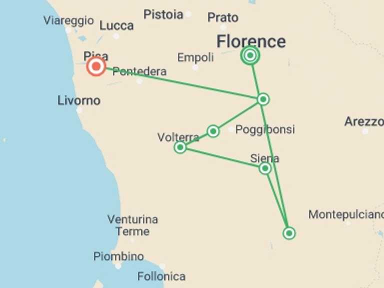 Map itinerary of Italy Tour in August 2027 with 5 destination visits for the trip: Private Gourmet Wine Tour in Tuscany