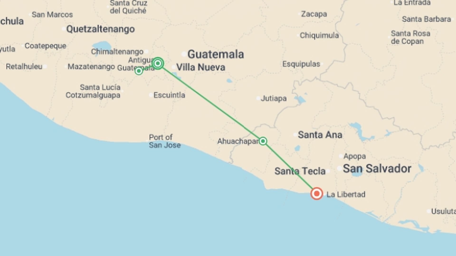 A map showing the tour itinerary for the trip: Central America: Hike, Bike & Kayak, starting in Antigua, Guatemala and ending in El Tunco, El Salvador going through 2 other destinations.