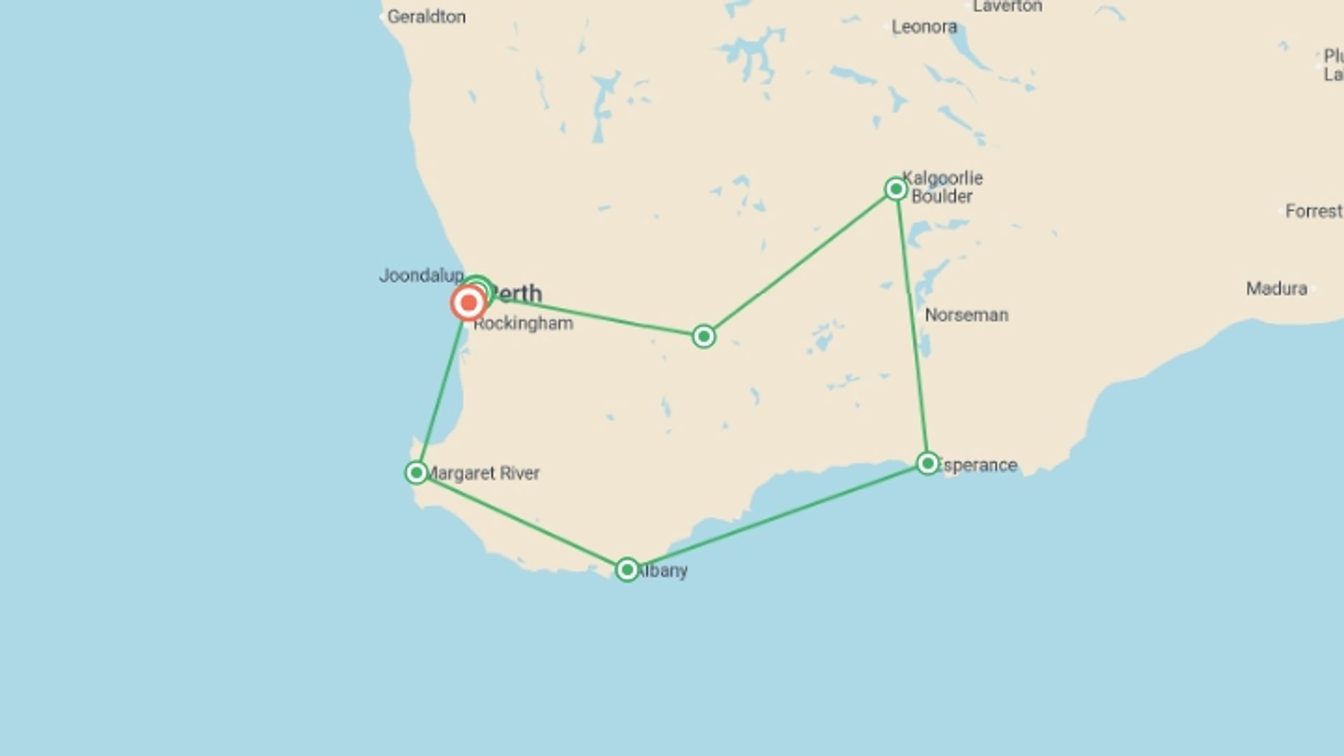 A map showing the tour itinerary for the trip: South Western Escape, starting in Perth, Australia and ending in Fremantle, Australia going through 5 other destinations.