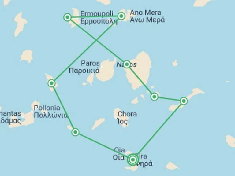 Map itinerary of Mediterranean Tour in May 2027 with 8 destination visits for the trip: Greece Sailing Adventure: Cyclades Islands