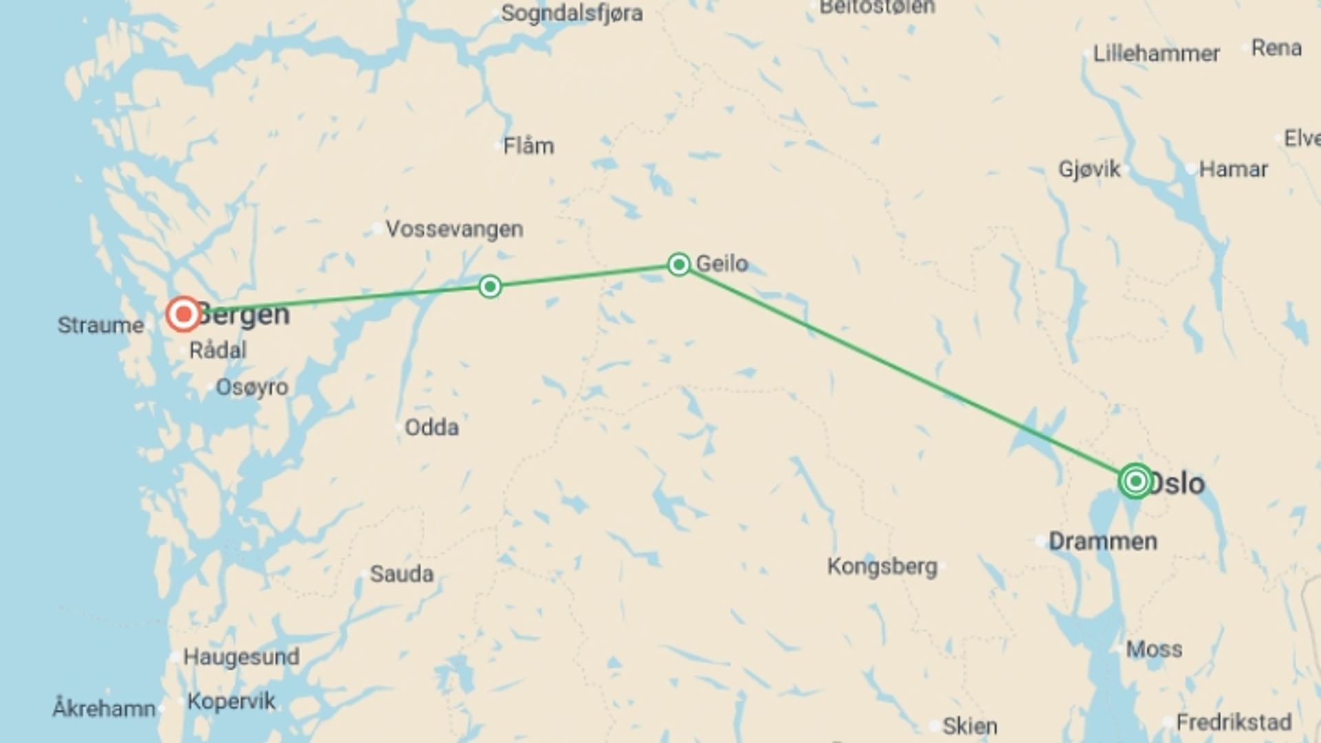 A map showing the tour itinerary for the trip: Oslo to Bergen Self Drive - 7 days, starting in Oslo, Norway and ending in Bergen, Norway going through 2 other destinations.