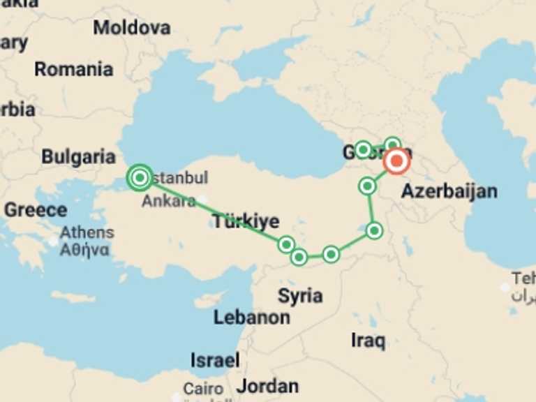 Map itinerary of Mediterranean Tour in July 2026 with 9 destination visits for the trip: Eastern Turkey & Georgia Discovery