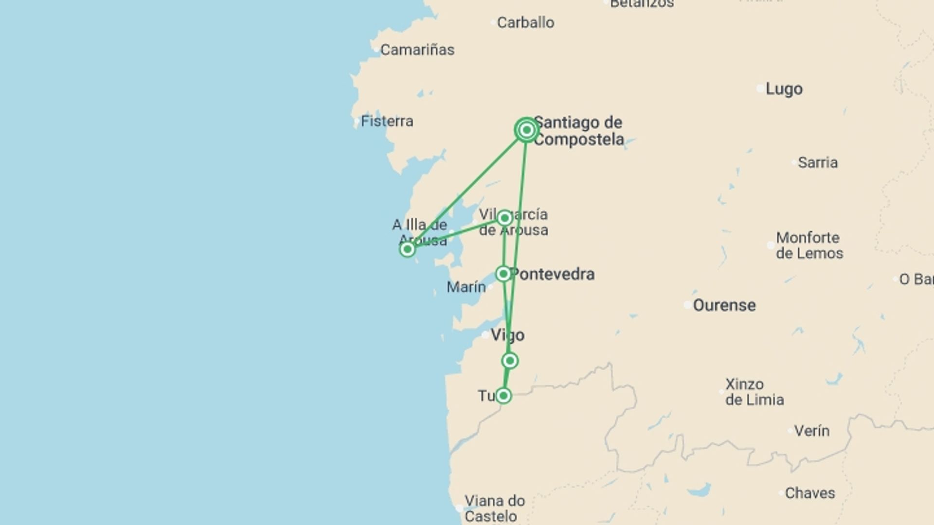 A map showing the tour itinerary for the trip: Camino de Santiago The Portuguese Way - 8 days, starting in Santiago De Compostela, Spain and ending in Santiago De Compostela, Spain going through 5 other destinations.