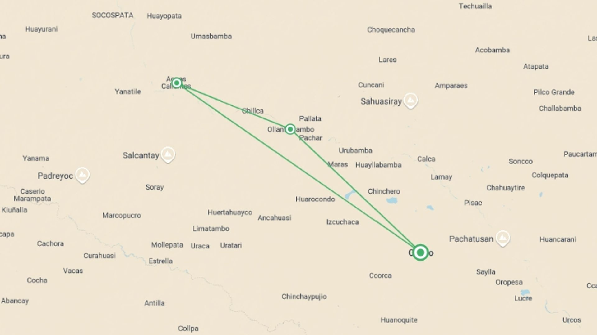 A map showing the tour itinerary for the trip: 2-Day Inca Trail to Machu Picchu from Cusco, starting in Cusco, Peru and ending in Cusco, Peru going through 1 other destinations.