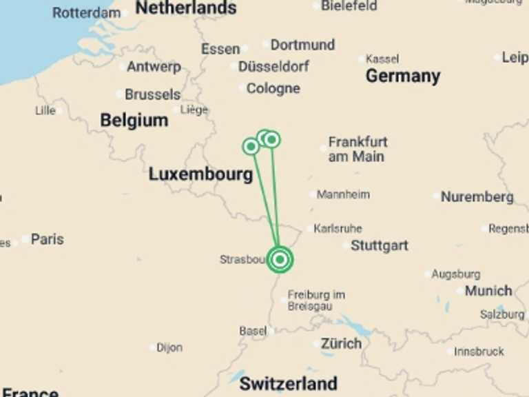 Map itinerary of France Tour in May 2026 with 4 destination visits for the trip: The Rhine and Moselle Rivers