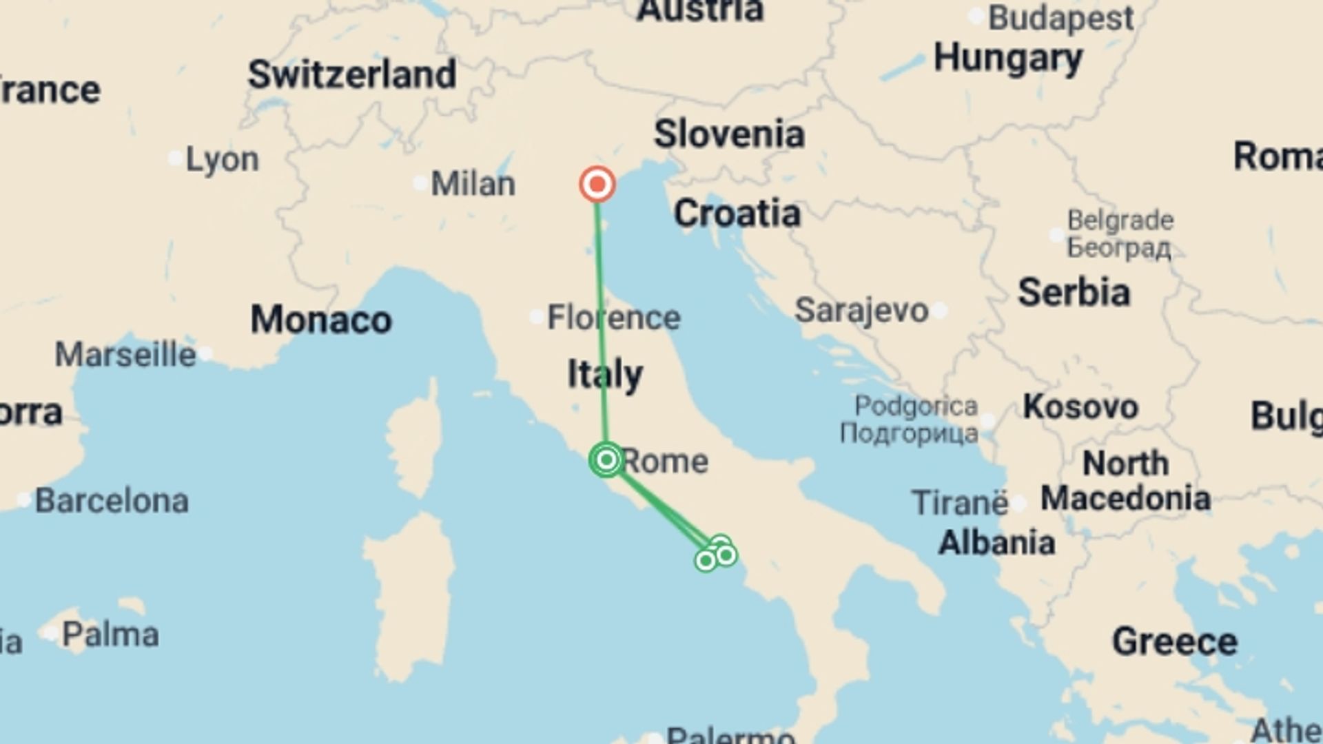 A map showing the tour itinerary for the trip: Flavours of Rome & the Amalfi Coast, starting in Rome, Italy and ending in Italy going through 1 other destinations.