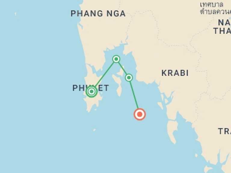 Map itinerary of Phuket Tour in November 2026 with 5 destination visits for the trip: Sail Phuket to Ko Phi Phi