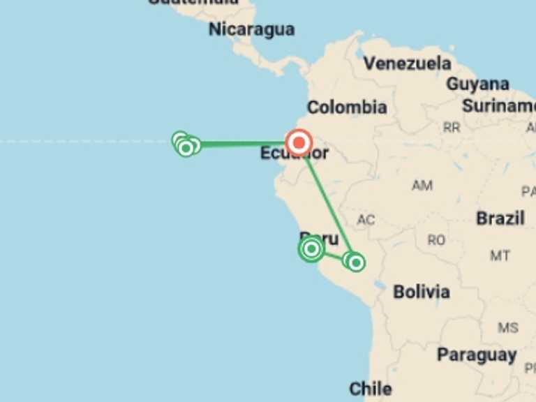 Map itinerary of Lima Tour in February 2027 with 3 destination visits for the trip: Machu Picchu & Galapagos Wonders featuring a 4-Night Cruise
