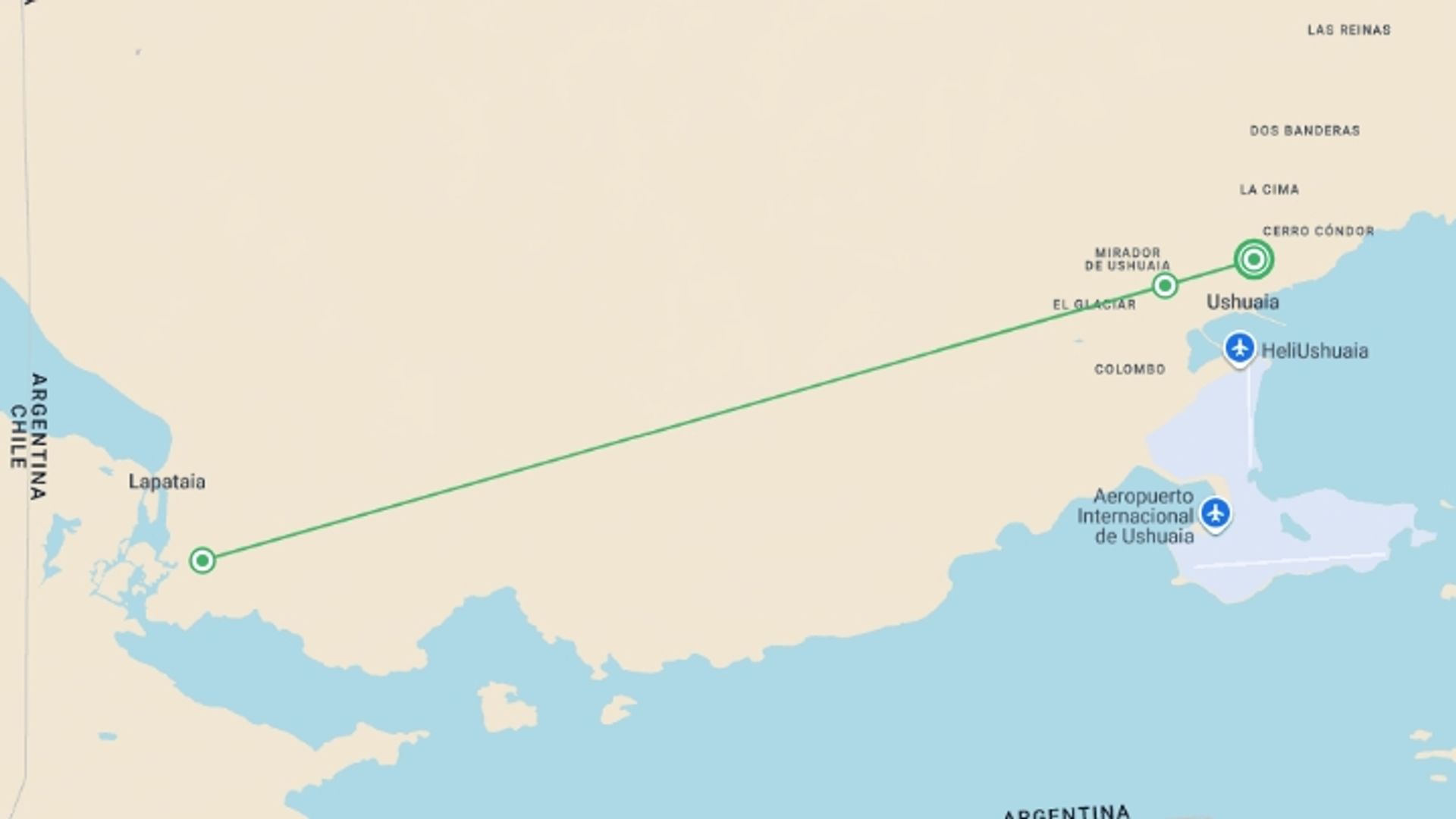 A map showing the tour itinerary for the trip: Ushuaia: Getaway to the End of the world - 3 days, starting in Ushuaia, Argentina and ending in Ushuaia, Argentina going through 2 other destinations.