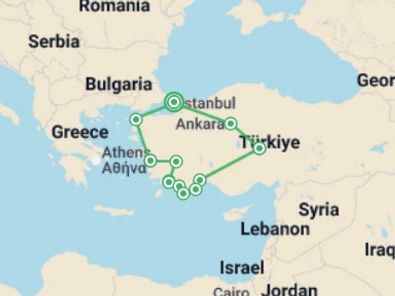Map itinerary of Balkans Tour in April 2026 with 12 destination visits for the trip: Turkey in Depth