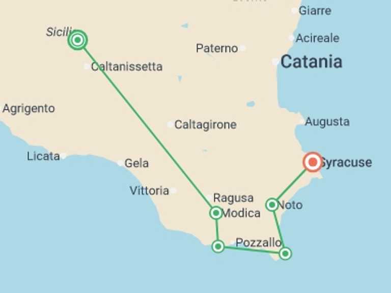 Map itinerary of Europe Tour in October 2026 with 6 destination visits for the trip: Self-Guided Cycling through Baroque Sicily