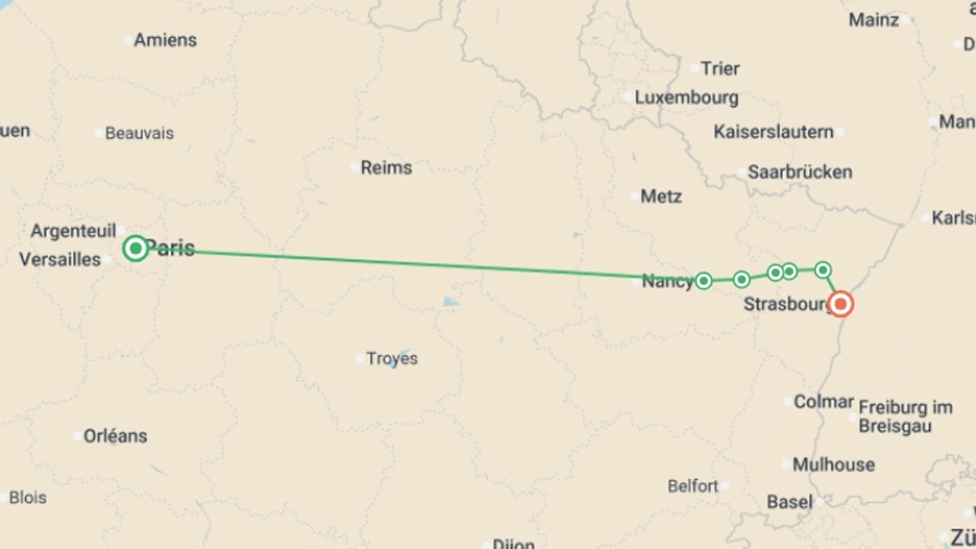 A map showing the tour itinerary for the trip: A Charming Cruise through Lorraine and Alsace and along the Marne-Rhine Canal (port-to-port cruise), starting in Paris, France and ending in Strasbourg, France going through 5 other destinations.