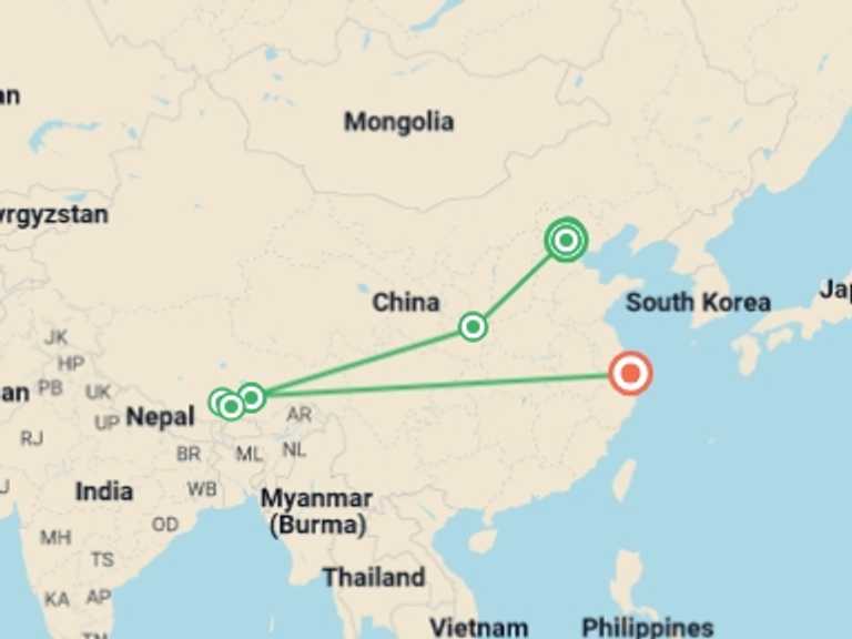 Map of China Tour with 5 destination visits for the trip: Beijing, Xi’an, Lhasa & Shanghai - 13 days 