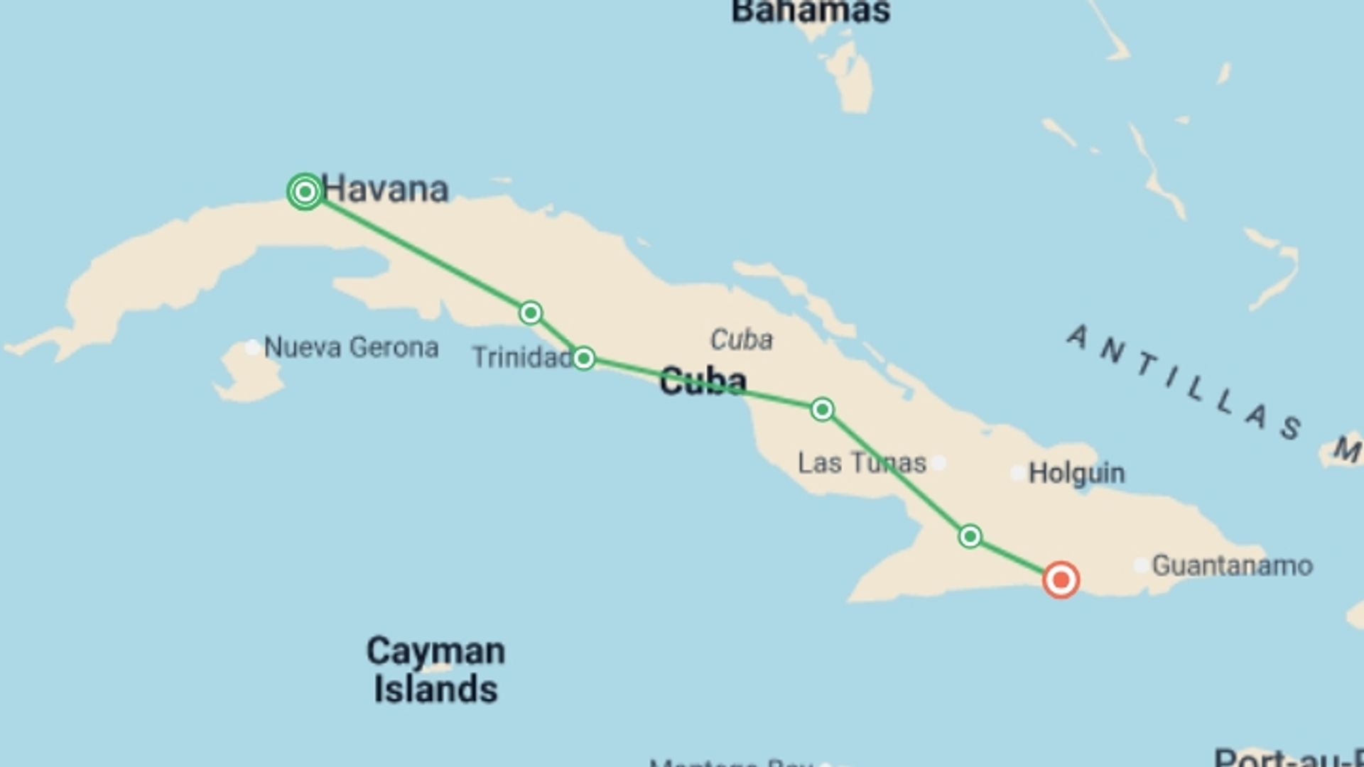 A map showing the tour itinerary for the trip: Cuba From West to East, starting in Havana, Cuba and ending in Santiago De Cuba, Cuba going through 4 other destinations.