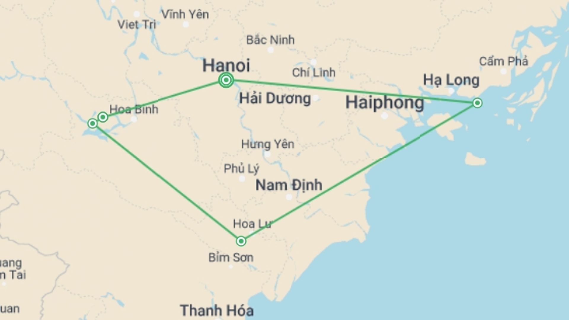 A map showing the tour itinerary for the trip: Vietnam's Voyage of Volunteering & Exploration - 12 Days, starting in Hanoi, Vietnam and ending in Hanoi, Vietnam going through 8 other destinations.