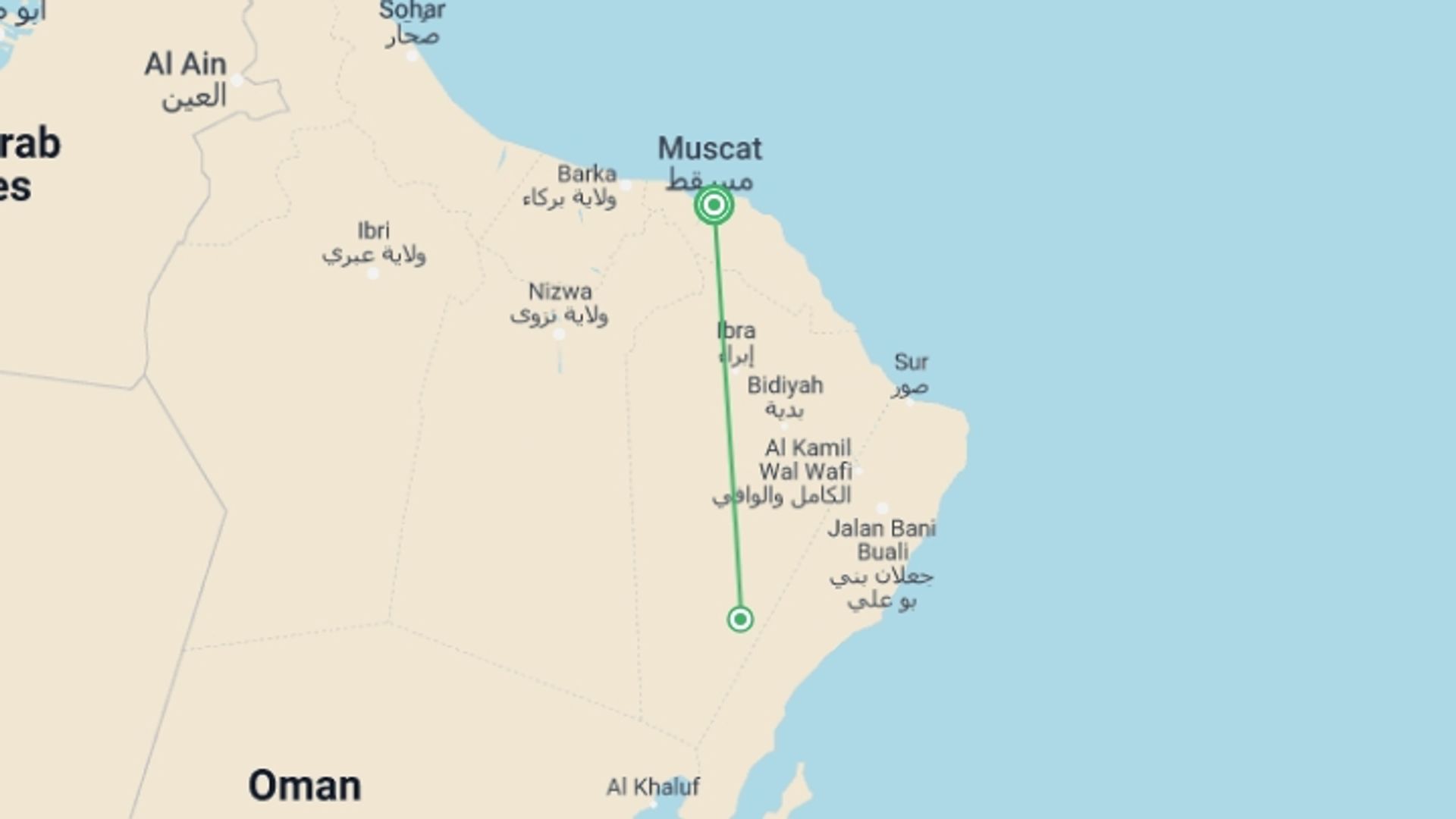 A map showing the tour itinerary for the trip: Jewels of Oman, starting in Muscat, Oman and ending in Muscat, Oman going through 1 other destinations.