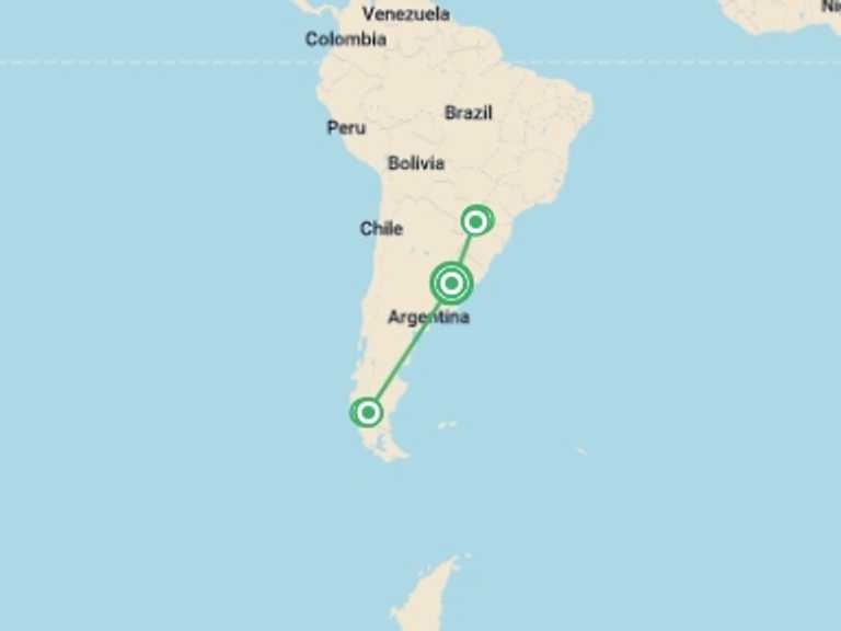 Map of a Sightseeing Tour with 6 destination visits for the trip: Buenos Aires, El Calafate & Iguazu Falls