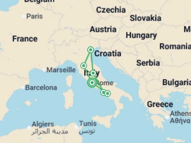 Map itinerary of Italy Tour in June 2026 with 6 destination visits for the trip: In the heart of Italy and Campania