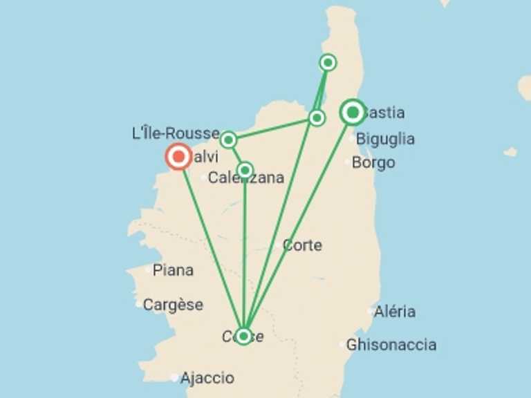 Map of France Tour with 7 destination visits for the trip: Corsica Cycle