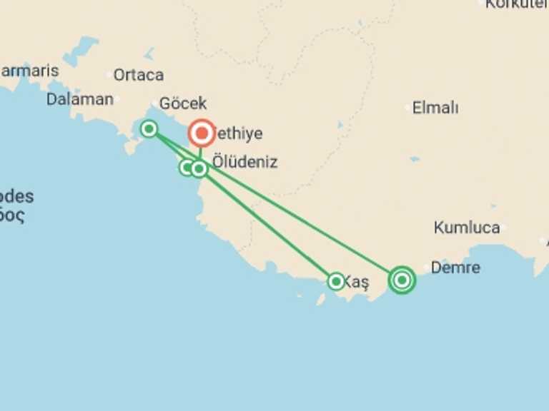 Map of Europe Tour with 5 destination visits for the trip: Mediterranean Serenity–Olympos / Fethiye
