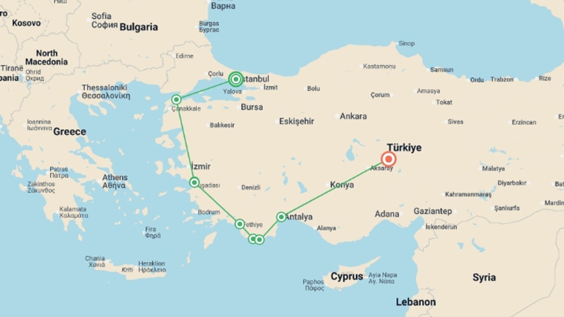 A map showing the tour itinerary for the trip: Best of Turkey, starting in Istanbul, Turkey and ending in Cappadocia, Turkey going through 7 other destinations.