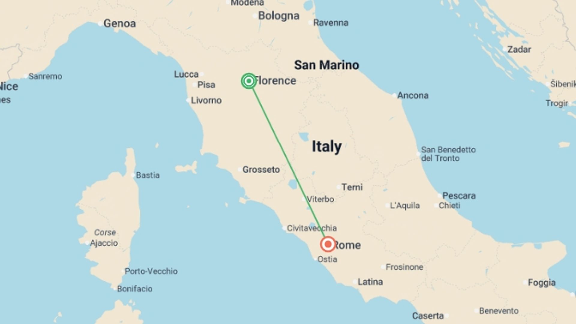 A map showing the tour itinerary for the trip: In The Footsteps Of Michelangelo: 7 Days From Florence To Rome,  Private Tour, starting in Florence, Italy and ending in Rome, Italy going through 0 other destinations.