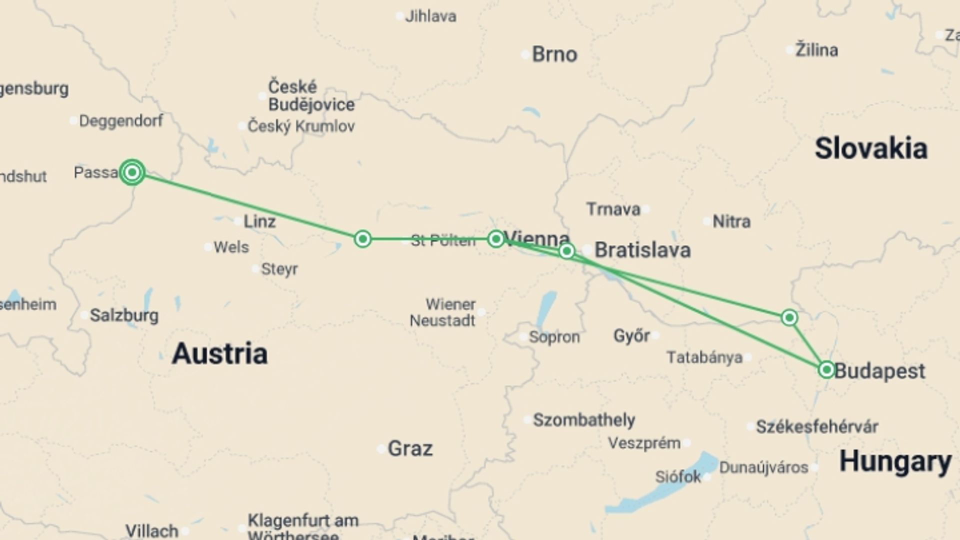 A map showing the tour itinerary for the trip: The beautiful blue Danube from Passau to Budapest (port-to-port cruise), starting in Passau, Germany and ending in Passau, Germany going through 4 other destinations.