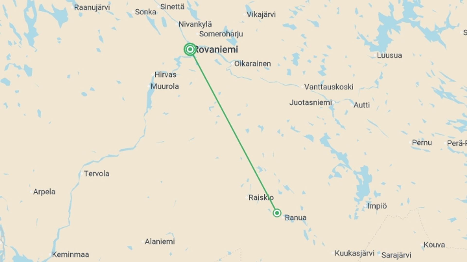 A map showing the tour itinerary for the trip: Lapland Adventure & Glass Igloo - 5 days, starting in Rovaniemi, Finland and ending in Rovaniemi, Finland going through 1 other destinations.