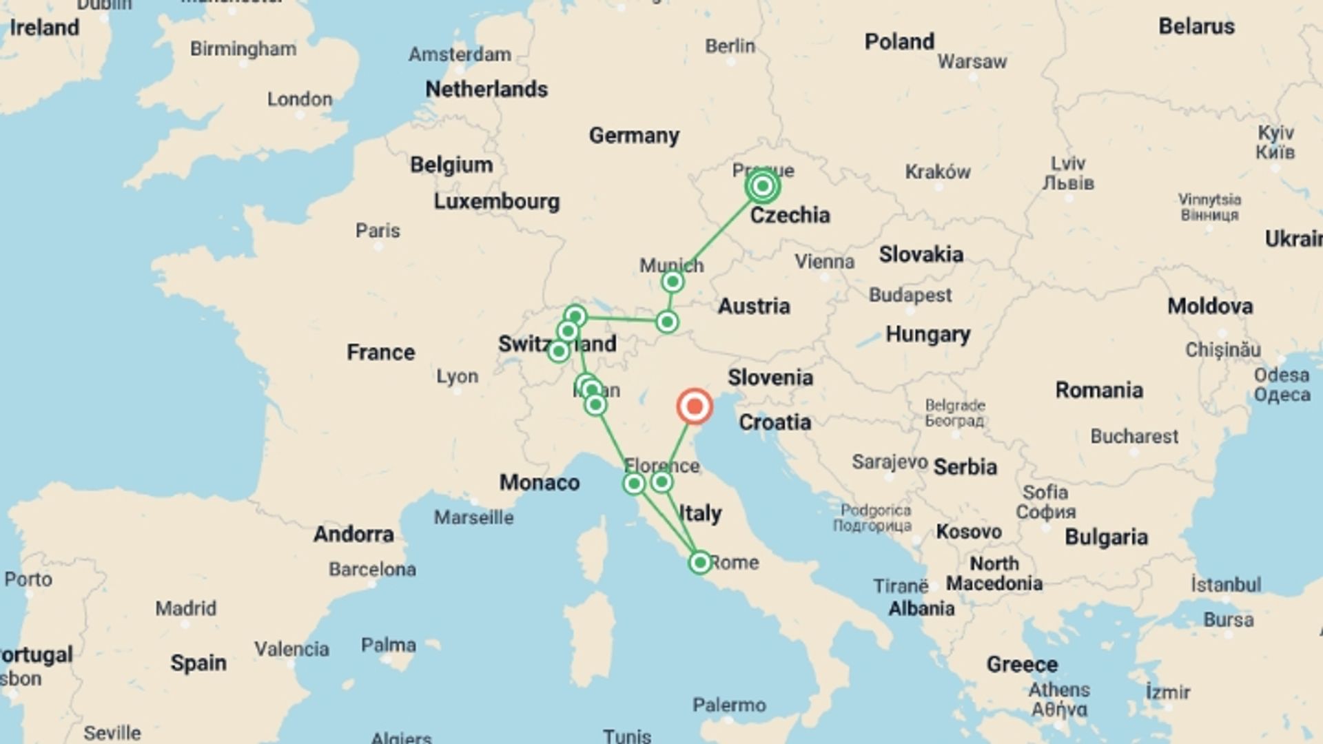 A map showing the tour itinerary for the trip: From Prague To Venice Through The Majestic Alps, starting in Prague, Czech Republic and ending in Venice, Italy going through 5 other destinations.