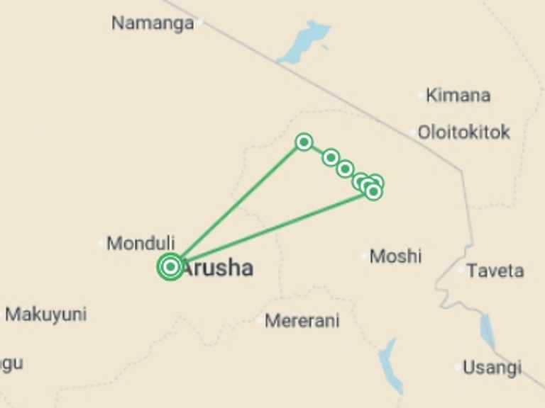Map of 10-Day Africa Tour with 8 destination visits for the trip: Kilimanjaro Climb - Lemosho Route