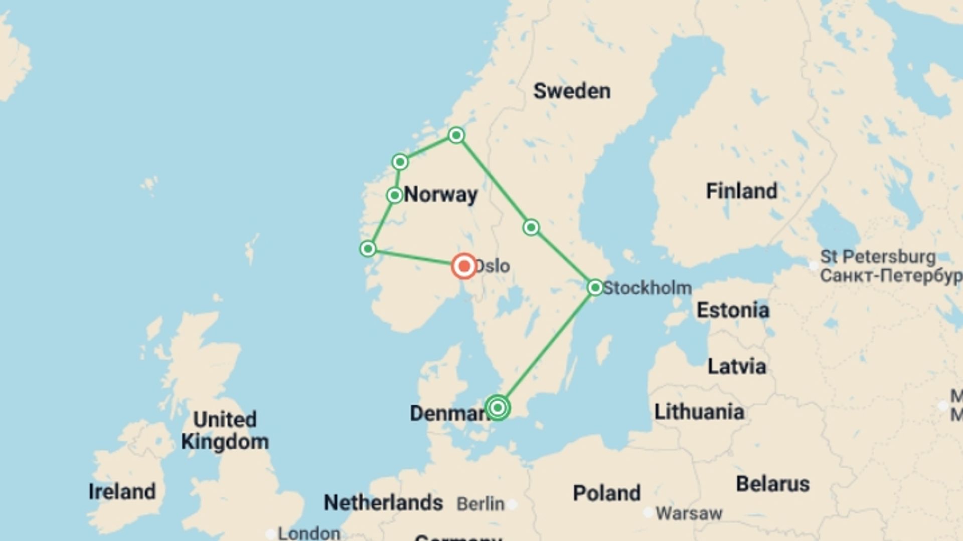 A map showing the tour itinerary for the trip: Nordic Tour End Oslo, starting in Copenhagen, Denmark and ending in Oslo, Norway going through 6 other destinations.