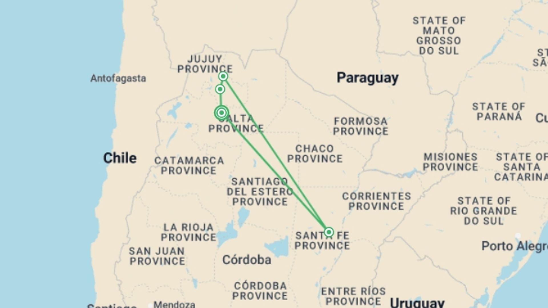 A map showing the tour itinerary for the trip: Heart of the North: Salta and Jujuy, starting in Salta, Argentina and ending in Salta, Argentina going through 5 other destinations.