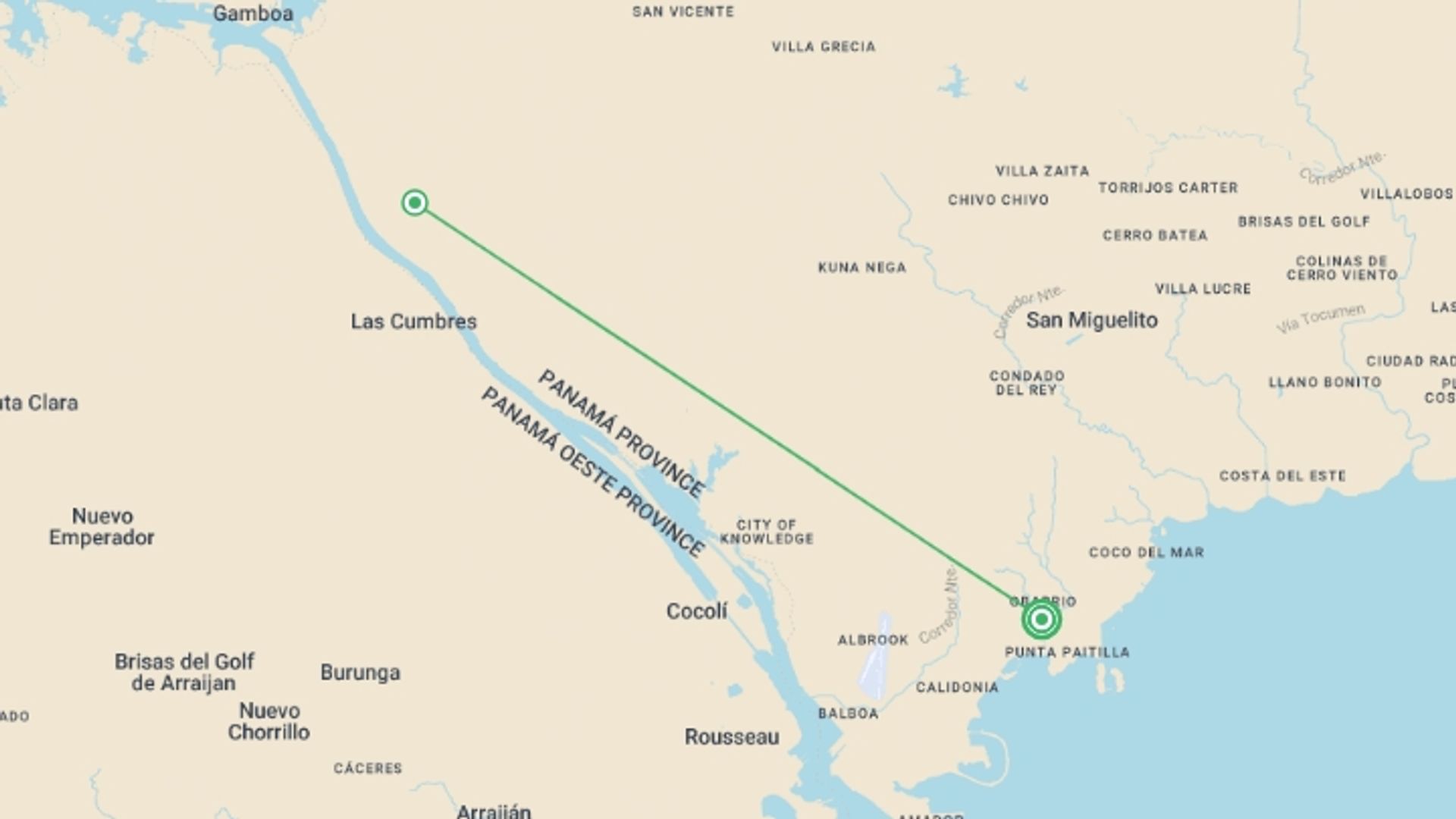 A map showing the tour itinerary for the trip: Best of Panama - 6 days, starting in Panama City, Panama and ending in Panama City, Panama going through 1 other destinations.