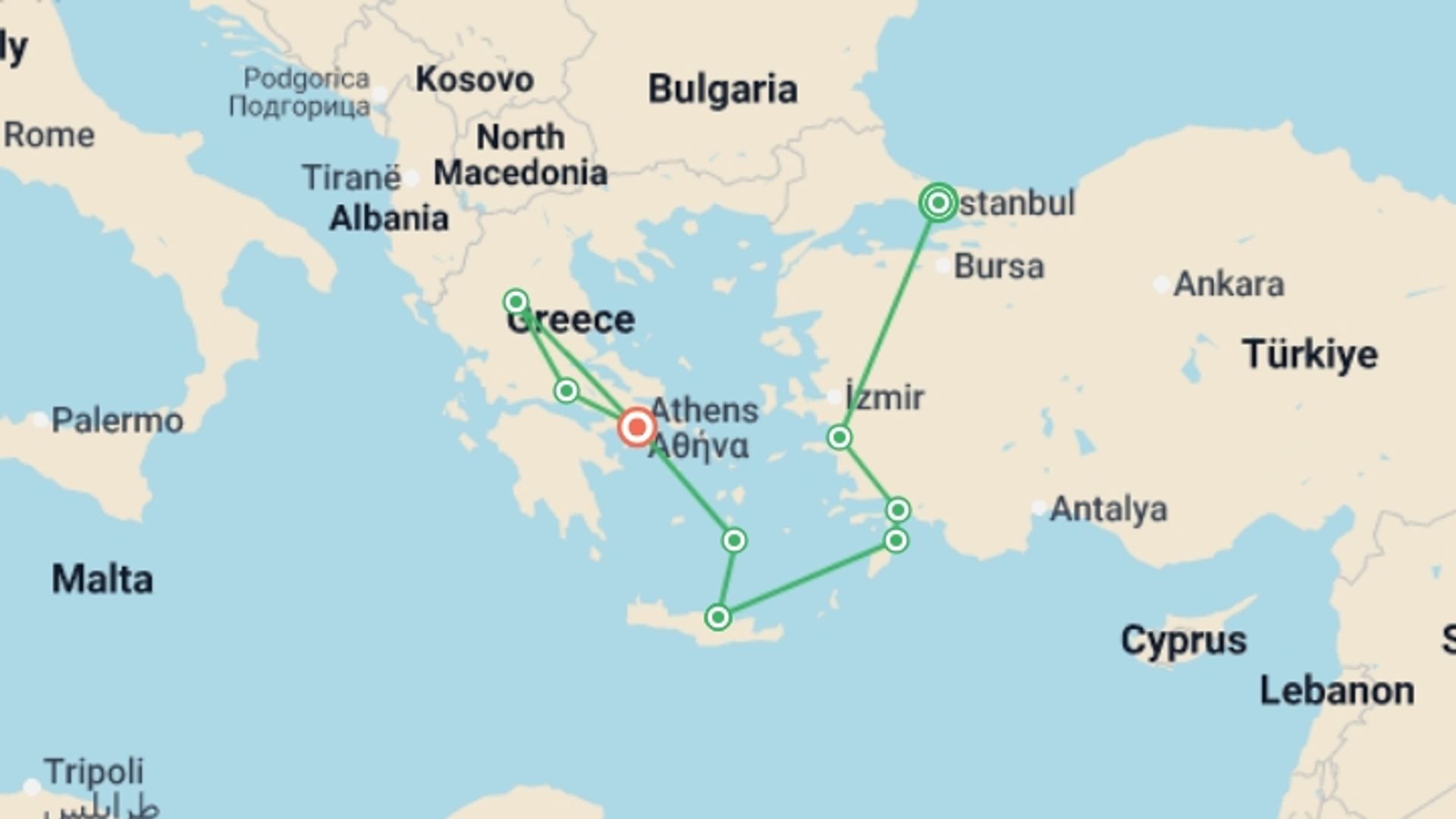 A map showing the tour itinerary for the trip: Greco-Turkish passion with Greek islands and northern Greece, starting in Istanbul, Turkey and ending in Athens, Greece going through 5 other destinations.