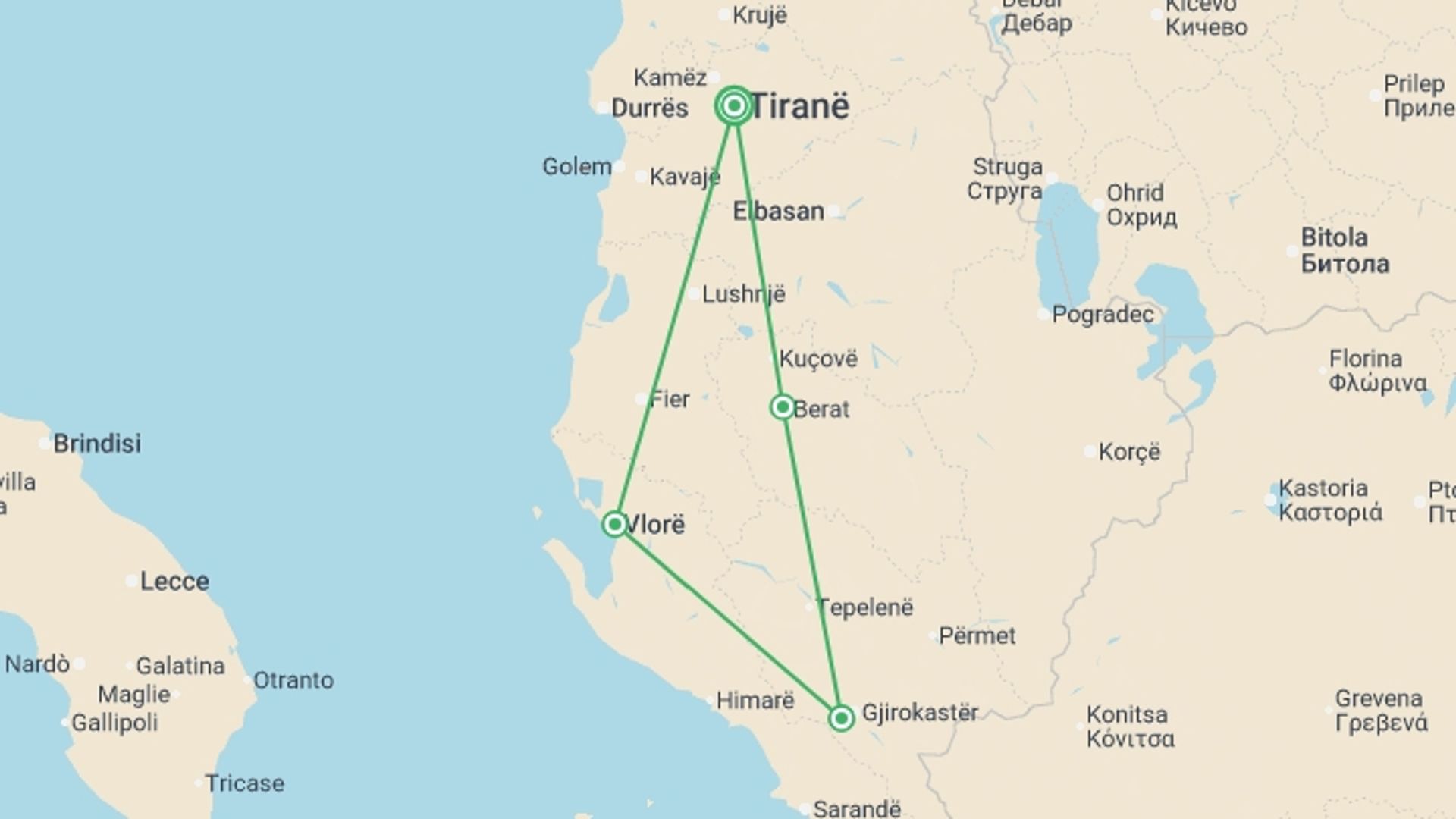 A map showing the tour itinerary for the trip: Albania Discovery, starting in Tirana, Albania and ending in Tirana, Albania going through 3 other destinations.