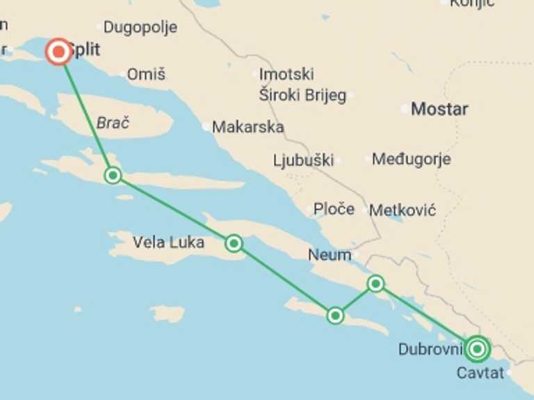 Map itinerary of Balkans Tour in October 2026 with 6 destination visits for the trip: Jewels of the Adriatic from Dubrovnik (Deluxe Superior) - 8 days