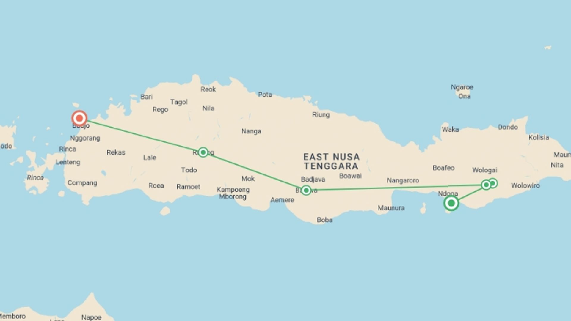 A map showing the tour itinerary for the trip: Flores Overland Tour, starting in Ende, Indonesia and ending in Labuan Bajo, Indonesia going through 5 other destinations.