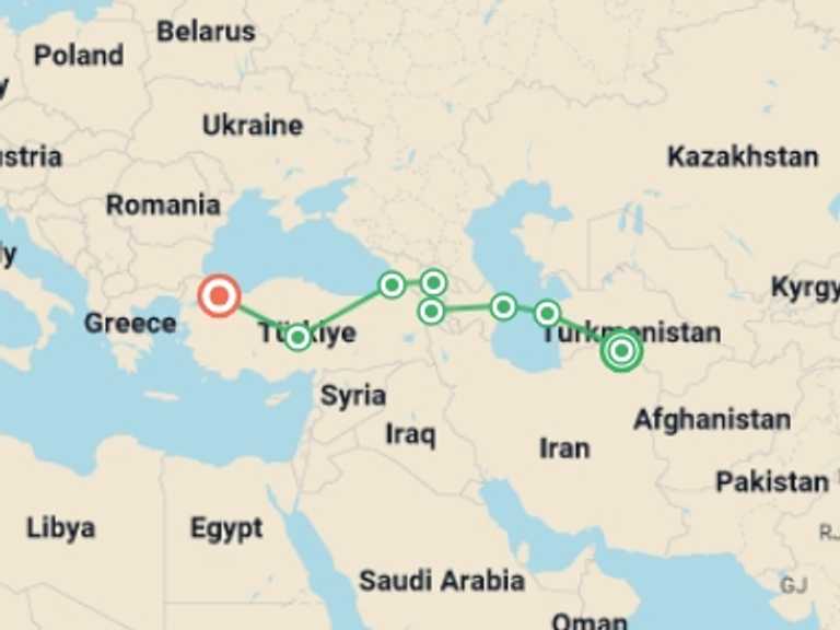 Map itinerary of Istanbul Tour in Fall with 8 destination visits for the trip: Ashgabat To Istanbul (40 Days)