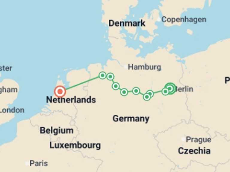 Map itinerary of Europe Tour in July 2026 with 9 destination visits for the trip: From Berlin to Amsterdam (port-to-port cruise)