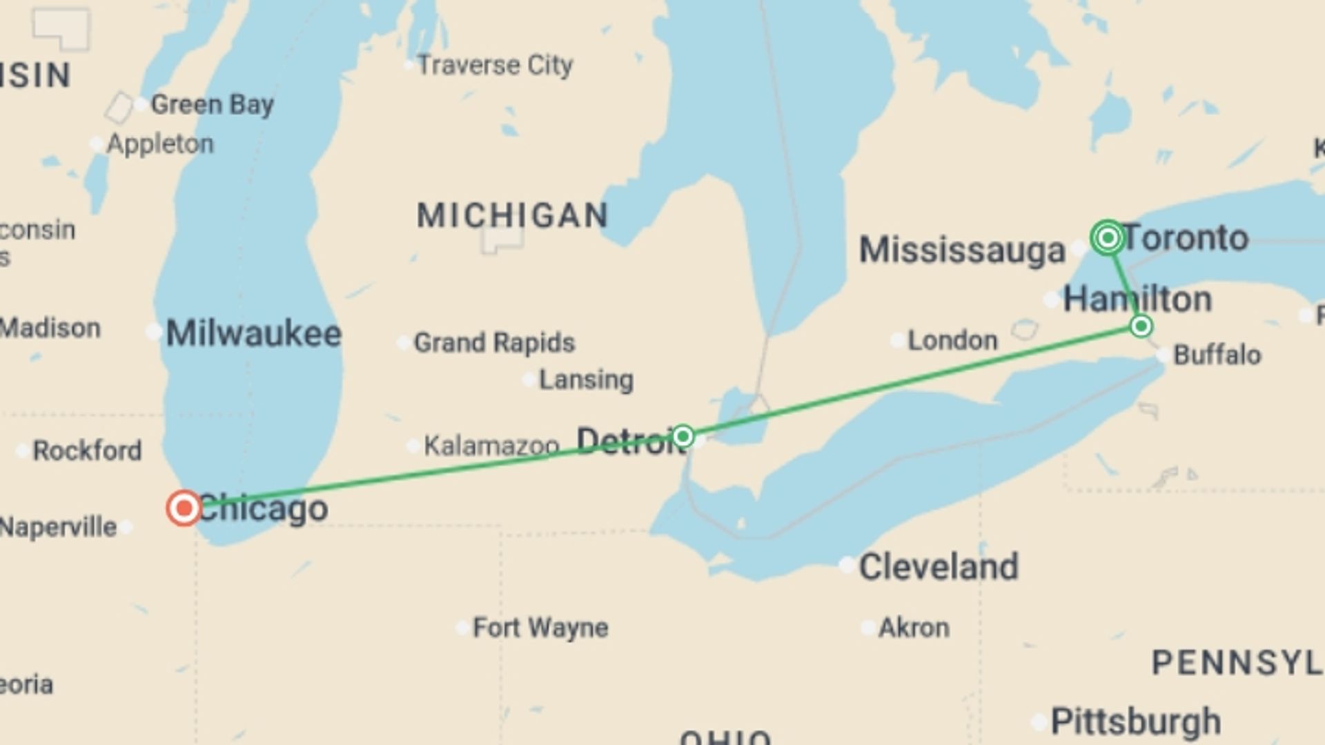 A map showing the tour itinerary for the trip: Toronto, Niagara and Chicago, starting in Toronto, Canada and ending in Chicago, USA going through 2 other destinations.